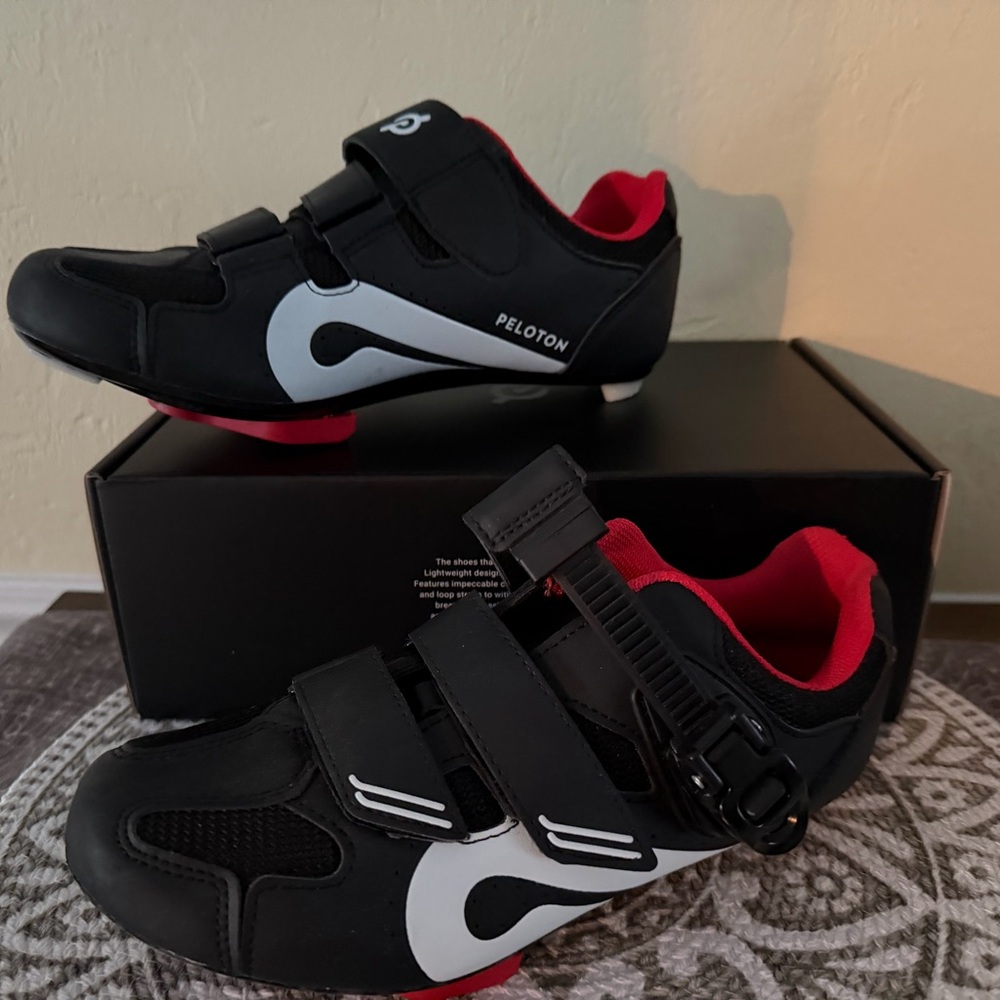 Peloton Black and Red Cycling Shoes with White Logo